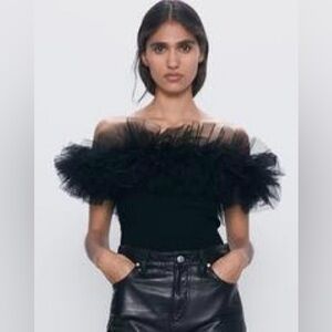 Zara Black Ruffled Tulle Bodysuit
